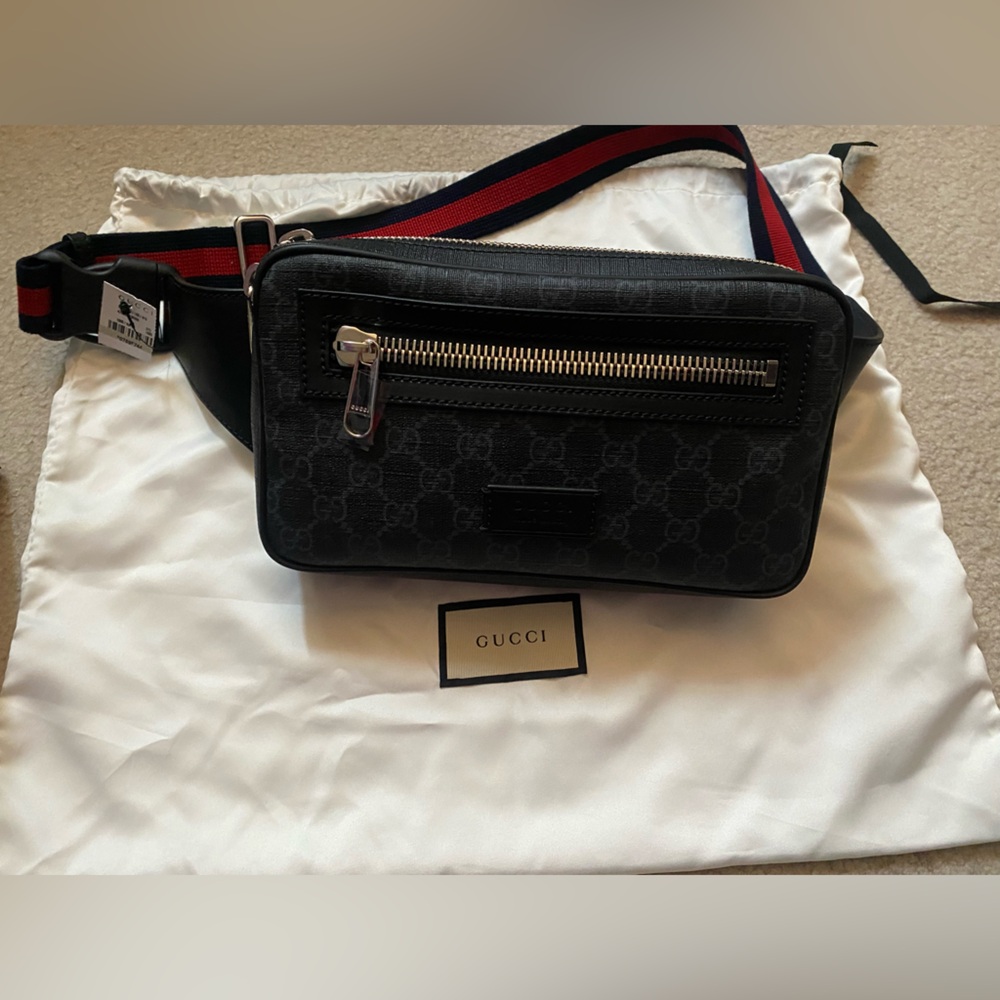 Gucci Soft GG SUPREME Black Monogram Belt Bag with Red and Blue Strap